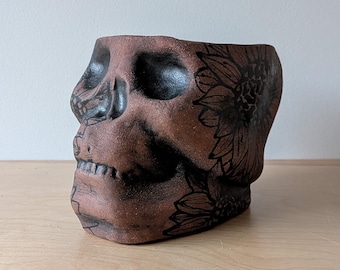 Skull with Sunflower Pattern Vessel/Planter
