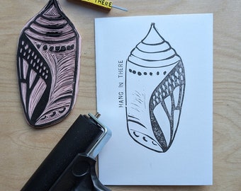 Monarch Chrysalis Hang In There Rubber Block Card