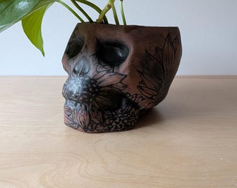 Skull with Sunflower Pattern Vessel/Planter