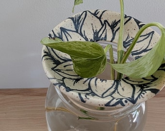 Freehand Drawn Handmade Ceramic Plant Propagation Jar Sitter