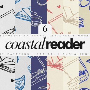 Paquete de patrones costeros sin costuras / Papeles digitales de arte lineal náutico / Patrones costeros azules / Paquete de SVG PNG JPG de océano literario / Estilo costero preppy