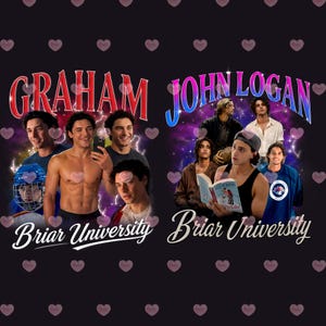 May include: A graphic design featuring multiple images of young men, with the names "Graham," "John," and "Logan" in stylized text. The words "Briar University" are also present. The background is black with pink hearts.