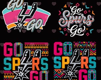 May include: Four graphic designs on a black background, featuring the words "Go Spurs Go" in various styles. Designs include the team's logo, colors, and geometric patterns. The designs are in pink, teal, orange, and white.