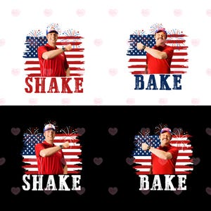 Pode incluir: Um design gráfico com dois homens em camisas e bonés vermelhos contra um fundo de bandeira americana estilizada e fogos de artifício. O lado esquerdo exibe o texto SHAKE em vermelho, e o lado direito exibe o texto BAKE em azul, em fundos branco e preto.