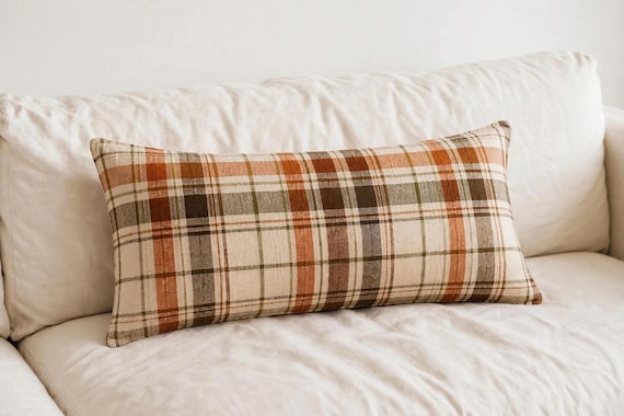 Cozy Plaid Throw Pillow | Neutral Autumn Farmhouse Cushion | Rustic Cottage Decor