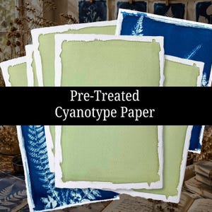 May include: A collection of rectangular sheets of pre-treated cyanotype paper with deckled edges. Some sheets are a solid light green color, while others feature deep blue prints of fern leaves and botanical patterns with white details.