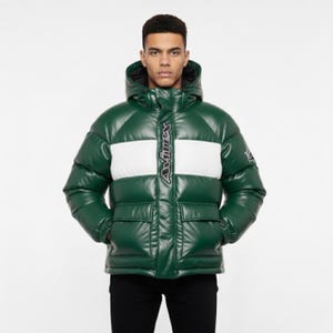 May include: Green puffer jacket with a white stripe across the chest. The jacket has a hood and two front pockets. The brand name "Avirex" is vertically displayed in white on the front.