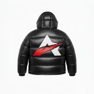 May include: Black puffer jacket with a hood. The back of the jacket features a white and red logo design. The jacket has a quilted pattern and a shiny finish. The jacket is designed for cold weather.