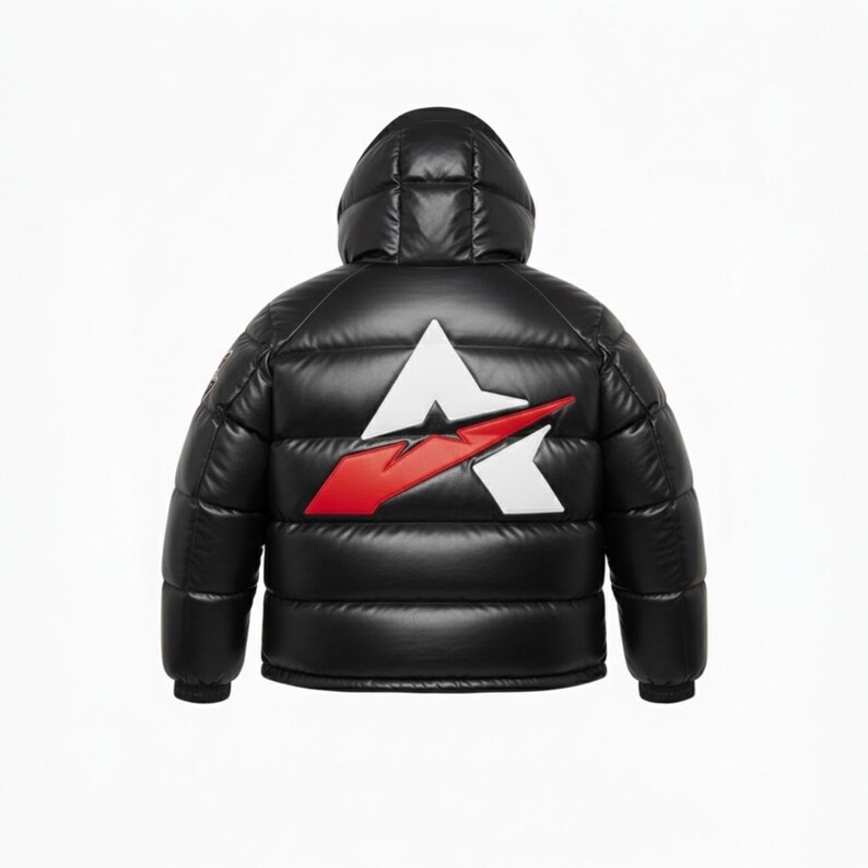 May include: Black puffer jacket with a hood. The back of the jacket features a white and red logo design. The jacket has a quilted pattern and a shiny finish. The jacket is designed for cold weather.