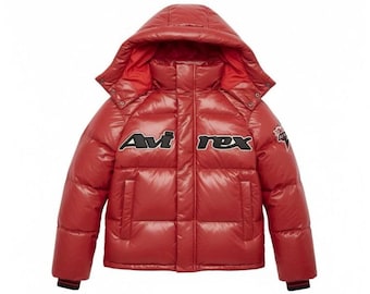 Avirex Red Puffer Leather Jacket with Hood Men’s Vintage Style Winter Coat Warm Outerwear