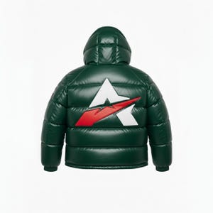 May include: Dark green puffer jacket with a hood. The back displays a white triangle with a red lightning bolt design. The jacket has a glossy finish and a quilted pattern.