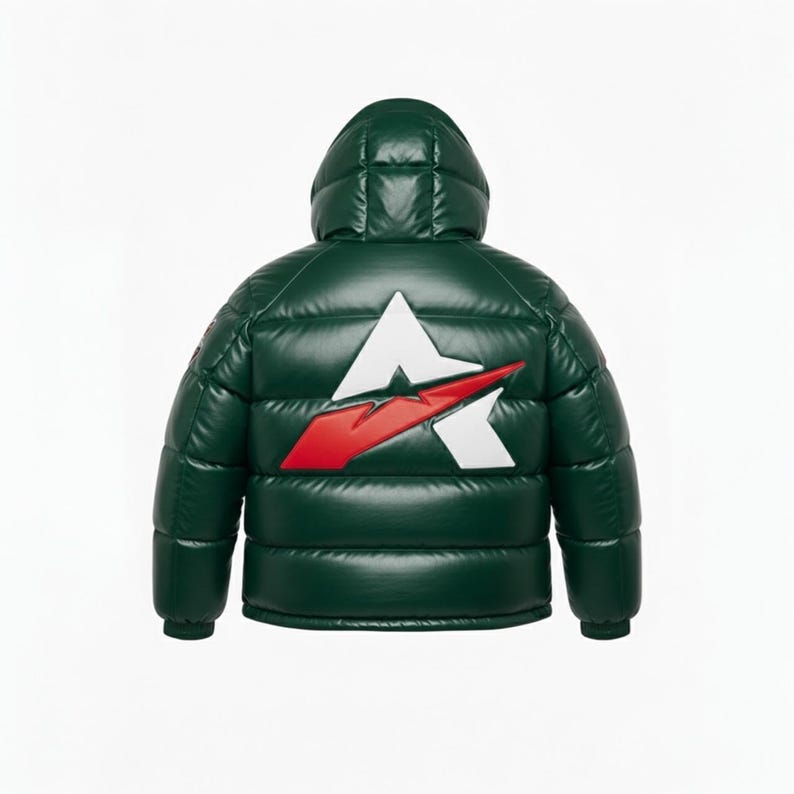 May include: Dark green puffer jacket with a hood. The back displays a white triangle with a red lightning bolt design. The jacket has a glossy finish and a quilted pattern.