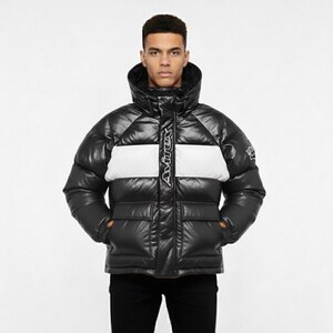 May include: Black puffer jacket with a white horizontal stripe across the chest. The jacket has a high collar, two front pockets, and the brand name "Avirex" in white lettering down the center. The jacket is worn by a person.