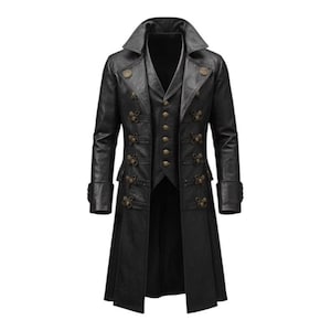 Gabardina Steampunk de cuero negro para hombre / Chaqueta pirata gótica victoriana