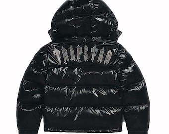 Black Glossy Trapstar Puffer Jacket – Hooded Streetwear Bubble Coat, Gothic Print