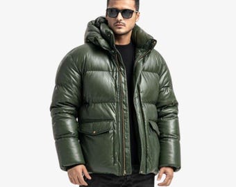 Men’s Olive Green Leather Puffer Jacket | Real Leather Quilted Winter Coat | Hooded Bubble Jacket