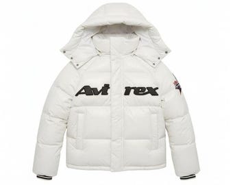 White Avirex Puffer Leather Jacket with Hood Men’s Vintage Style Winter Coat Warm Outerwear