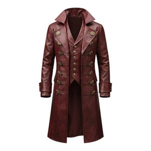 Gabardina Steampunk de cuero burdeos para hombre / Chaqueta de cosplay gótica pirata victoriana