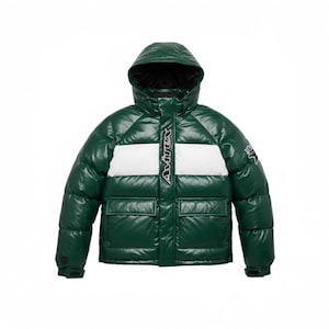 May include: A glossy, dark green puffer jacket with a hood and two front pockets. The jacket has a white stripe across the chest and the word "Avirex" in white. A small patch is on the upper right sleeve.
