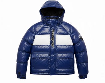 Blue Leather Puffer Jacket Men | Avirex Style Hooded Coat