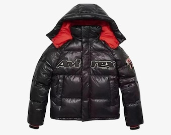 Avirex Puffer Leather Jacket with Hood Men’s Vintage Style Winter Coat Warm Outerwear