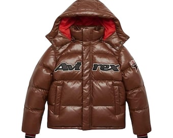 Avirex Puffer Brown Leather Jacket with Hood Men’s Vintage Style Winter Coat Warm Outerwear