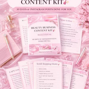Peut inclure: Un kit de contenu rose pour les entreprises de beauté avec 30 jours de modèles de publications Instagram. Le kit comprend un carnet, des cartes avec des légendes, des accroches et des hashtags, ainsi que des accessoires de produits de beauté.
