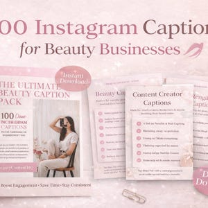 Peut inclure: Un livre rose et blanc intitulé "THE ULTIMATE BEAUTY CAPTION PACK" avec "100 légendes Instagram" pour les entreprises de beauté. L'image comprend également plusieurs feuilles de papier avec des idées de légendes et un autocollant rose "Téléchargement numérique".
