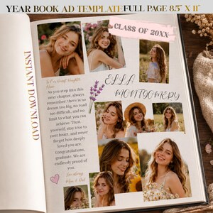 May include: A yearbook ad template featuring several photos of a young woman, with the name "Ella Montgomery" and the text "Class of 20XX". The ad includes the text "Instant Download" and a message from her parents.