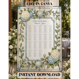 Hydrangea Rectangle Seating Chart Wedding Sign, Stained Glass Wedding Sign Seating Plan, Editable Canva Template 24x36 inches