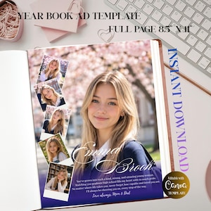 May include: A yearbook ad template featuring a young woman, Emma Brook, and several smaller photos. The ad is 21.59 cm x 27.94 cm and includes text that reads "Year Book Ad Template" and "Instant Download". The ad is editable with Canva.
