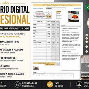 Puede incluir: Plantilla de libro de recetas digital para restaurantes y chefs. El documento incluye una receta de tartar de salmón con crema de remolacha y fresas. Incluye desgloses automáticos y cálculo del coste de los alimentos.