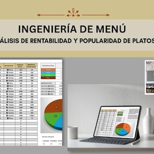 Peut inclure: Présentation sur l'ingénierie des menus, avec le titre "INGENIERÍA DE MENÚ" et "ANÁLISIS DE RENTABILIDAD Y POPULARIDAD DE PLATOS". L'image montre des feuilles de calcul, des graphiques et une tablette affichant l'analyse des données. Une petite image carrée avec le texte "Cutting Board manager" est également présente.