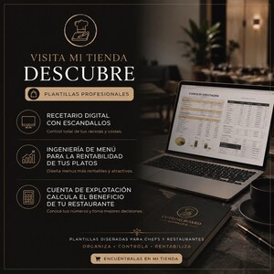 Peut inclure: Image promotionnelle en espagnol pour des modèles professionnels pour chefs et restaurants. Un ordinateur portable affiche des données financières, et un cahier avec le texte "Cutting Board Manager" est visible. L'image promeut des livres de recettes numériques, l'ingénierie des menus et les calculs de profit.