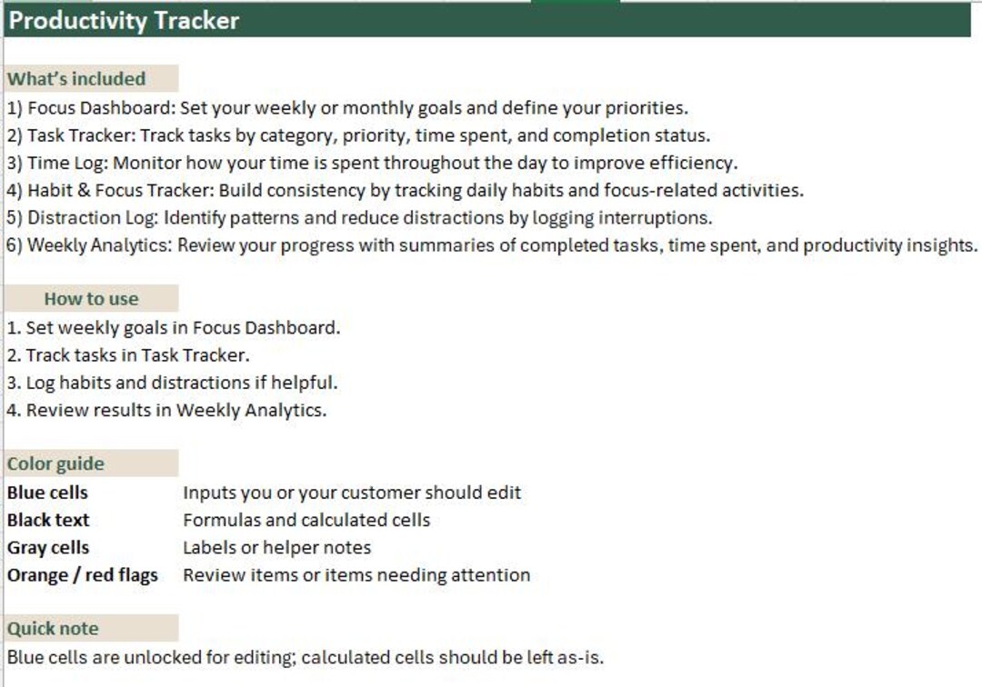 Productivity Tracker Template (excel) | Task Manager, Habit Tracker ...