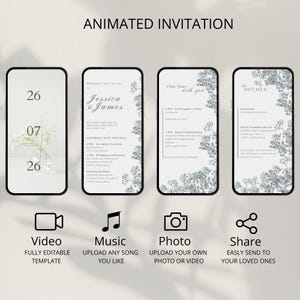 Könnte beinhalten: Animierte Hochzeitseinladungsvorlage, die auf vier Smartphones angezeigt wird. Das Design umfasst florale Akzente und den Text "Jessica & James". Zu den Funktionen gehören Video-, Musik-, Foto- und Freigabeoptionen. Der Text "Animated Invitation" steht oben.