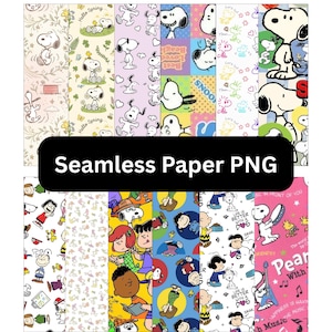 Puede incluir: Una colección de diseños de papel sin costuras con Snoopy y los personajes de Peanuts. Los patrones incluyen varias escenas con Snoopy, Charlie Brown y otros personajes, con textos como "Hello Spring" y "Life is Better with a Dog". La imagen también incluye el texto "Seamless Paper PNG".