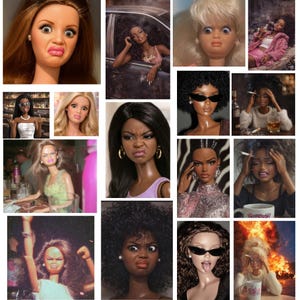 May include: A collection of doll portraits, each displaying exaggerated facial expressions. The dolls have diverse skin tones, hairstyles, and accessories, such as sunglasses and jewellery. The expressions vary from surprise to frustration, creating a humorous and expressive collage.