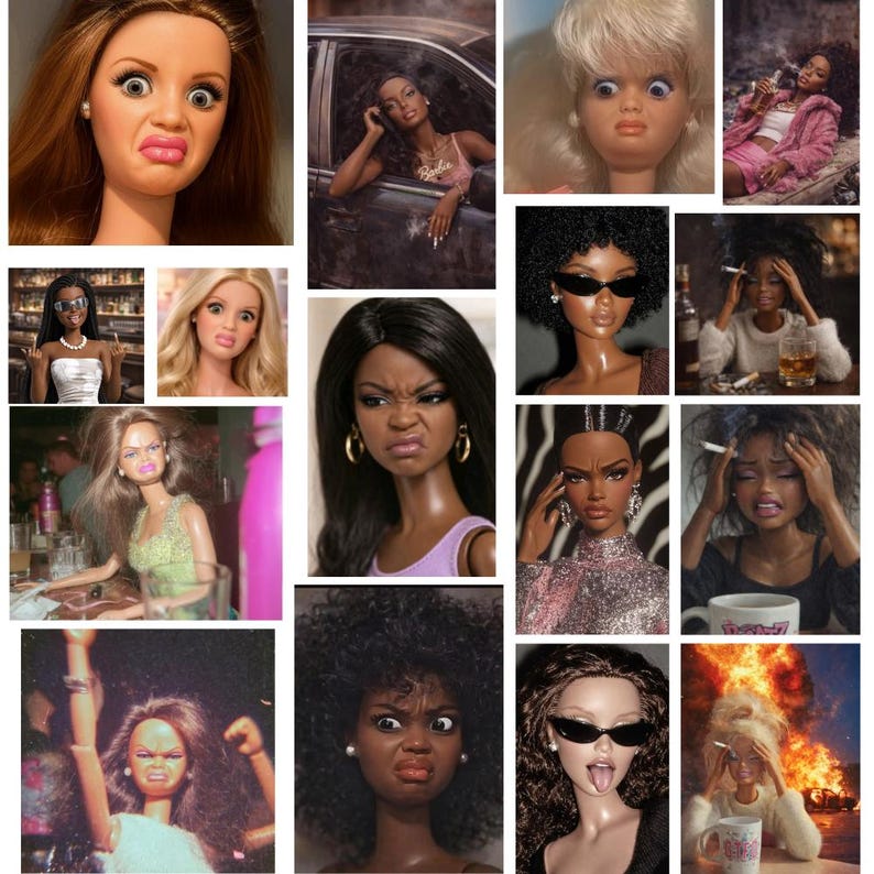 May include: A collage of doll portraits, each with exaggerated facial expressions. The dolls have various skin tones, hairstyles, and accessories, including sunglasses and jewelry. The expressions range from surprise to frustration, creating a humorous and expressive collection.