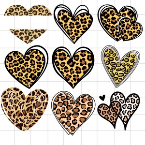 May include: A collection of nine heart-shaped graphic designs featuring various leopard print patterns in shades of brown, tan, and black. Each heart is outlined with bold black lines, showcasing different artistic styles and arrangements.