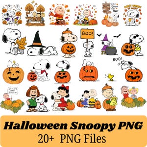 May include: A collection of digital illustrations featuring Snoopy and Peanuts characters in various Halloween and autumn scenes with pumpkins, fall leaves, and text like 'Tis the Season to be Fally', 'Boo!', and 'Don't Worry Be Happy'.
