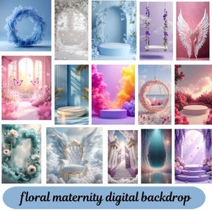 Può includere: Una collezione di sfondi digitali con temi floreali e fantasy. Le immagini presentano varie ambientazioni, tra cui palchi, archi e altalene, con colori tenui ed elementi decorativi. Il testo in basso recita "floral maternity digital backdrop."
