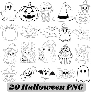 Puede incluir: Una colección de 20 ilustraciones en blanco y negro con temática de Halloween que incluyen fantasmas, calabazas, una momia, sombreros de bruja, gatos, murciélagos, un cupcake, dulces y una calavera. El texto 20 Halloween PNG está impreso en la parte inferior.