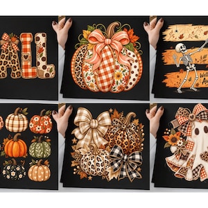 Puede incluir: Seis impresiones cuadradas con temas otoñales sobre fondos negros. Los diseños incluyen la palabra FALL, una calabaza grande con un lazo, un esqueleto sosteniendo una calabaza con el texto Well, this is Awkward, nueve calabazas variadas, calabazas con lazos de cuadros y un fantasma.