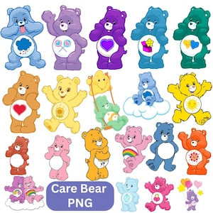 May include: A collection of colorful Care Bear characters in various poses. Each bear has a unique color and belly badge, including hearts, rainbows, and stars. The image includes the text "Care Bear PNG".