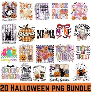 May include: A digital collection of 20 Halloween-themed graphic designs featuring ghosts, pumpkins, black cats, skeletons, and bats. The illustrations include text such as Spooky Season, Trick or Treat, and Spooky Vibes in various colorful fonts.