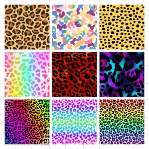 Puede incluir: Una colección de nueve patrones digitales cuadrados con diversos diseños de estampado de leopardo. Los patrones incluyen tonos marrones tradicionales, colores pastel, amarillo con manchas negras, degradados arcoíris, rojo intenso y tonos neón.