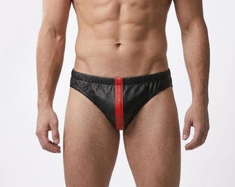 Leather Briefs/Underwear in Black with Red Strip | Custom Made to Order JO-027