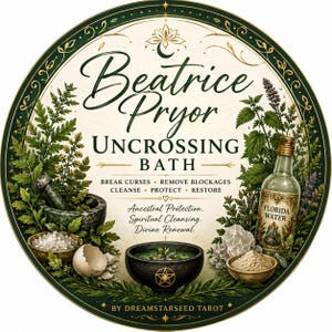May include: A circular label for Beatrice Pryor Uncrossing Bath featuring green botanical illustrations, a mortar and pestle, a bottle of Florida Water, a bowl of salt, an eggshell, and a black bowl with a gold pentacle, with text detailing spiritual cleansing.
