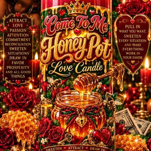 Könnte beinhalten: Eine zylindrische Glaskerze mit der Aufschrift Dreamstarseed Tarot Come To Me Honey Pot Love Candle. Das Design zeigt einen Honiglöffel, ein Honigglas mit herzförmigem Schloss, Bienen, rote Rosen und Goldmünzen. Der Text enthält Anweisungen, um Liebe und Wohlstand anzuziehen.